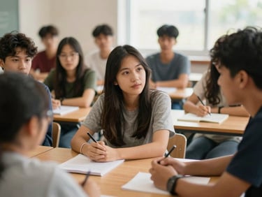 A diverse group of students engaged in a classroom discussion, natural light, warm editorial photography, shallow depth of field, 35mm lens