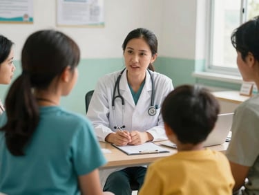 A community health worker speaking with a family in a local clinic, natural daylight, candid human interaction, rich organic tones, 35mm lens