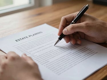 Extreme close-up of two hands at a solid wooden desk reviewing a printed estate planning document, one hand holds a pen poised above the paper, soft natural window light from the left illuminating the document grain, warm daylight, no faces visible, landscape aspect
