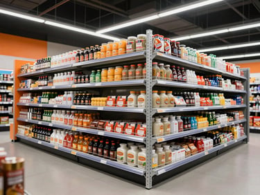 Clean commercial showroom light reflecting off modular supermarket display racks, steel shelves holding organized goods, modern retail layout.