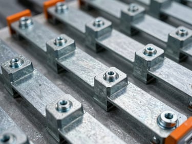 Close-up macro shot of industrial steel rack connectors and bolted heavy-duty baseplates, cool steel tones with safety orange accents.