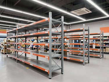 Clean modern supermarket showroom displaying modular steel shelving racks, bright commercial showroom lighting, sharp industrial photography.
