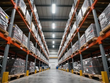 Low-angle perspective of fully loaded industrial warehouse racking aisles, heavy-duty pallet systems, sharp high-contrast overhead lighting.