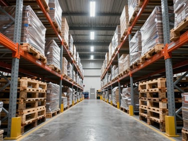 Clean warehouse aisle with selective racking systems holding wooden pallets, bright industrial lighting, low-angle perspective