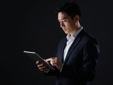 Sleek editorial corporate photography of a high-end retail strategist analyzing data on a tablet, dramatic high-contrast lighting, deep blacks, sharp focus