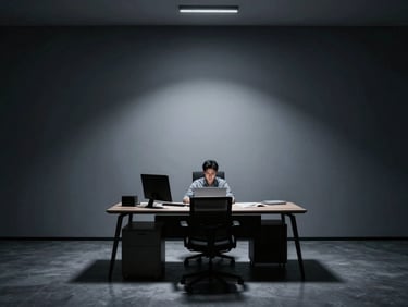 Minimalist modern office space with focused professional working at a desk, cool-toned ambient light, sharp shadows, 35mm