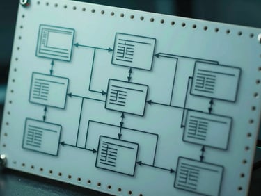 Macro shot of a clean digital wireboard showing connected database schemas and workflow pipelines under cool teal lighting