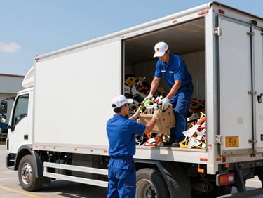 Professional crew member in uniform loading yard waste into a clean branded truck, sunny outdoor setting, focus on efficiency.