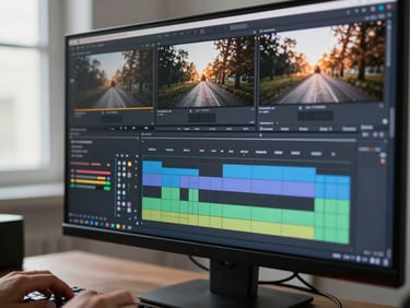 Close-up of a video editing timeline on a monitor, precise color-graded footage panels visible, a hand resting on a keyboard at the edge of frame, studio window light from the left