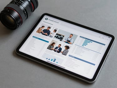 Flat-lay of a content campaign planning document beside a tablet showing social media analytics, neutral desk surface, cool diffused overhead light
