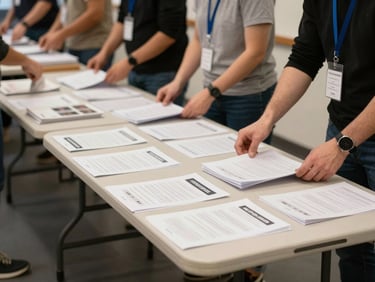 Wide environmental shot of a community event setup — folding tables with printed materials, volunteers organizing documents, neutral indoor lighting, no faces visible