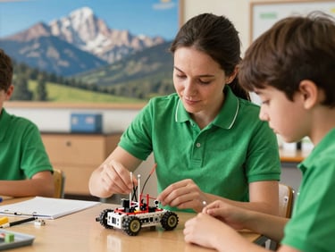 Authentic editorial photography of a high school teacher in a bright Colorado classroom helping a student assemble a small STEM robotics kit, warm natural daylight, vivid emerald accents, shallow depth of field.