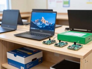 A close-up of a neatly organized shelf containing educational electronics kits, micro-controllers, and laptops in a bright community center.