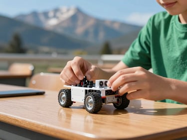 Close-up of a student's hands assembling a small wheeled robot on a wooden desk, bright daylight, shallow depth of field, Colorado classroom setting.