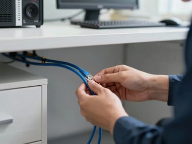 A technician routing a clean blue ethernet cable neatly under a modern office desk, bright daylight, professional workspace environment.
