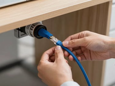 A technician routing a clean blue ethernet cable under a wooden office desk, bright natural daylight, tight focus on hands and cable management, clean workspace.
