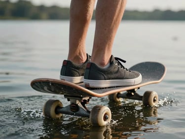 Wakeskate deck close-up at water level — rider's feet in grip-tape shoes on a flat wood deck, water droplets mid-air, lake surface blurred in background, soft natural light