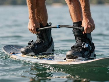 Close tight crop of a wakeboarder's boots locked into bindings on a wakeboard, rope handle gripped in both hands just above the board edge, glassy water surface below, natural daylight