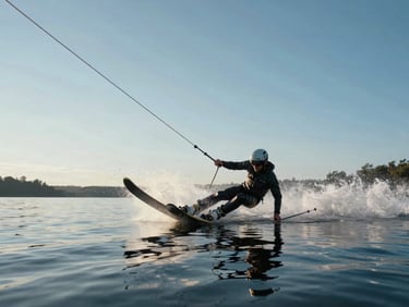Ski nautique rider leaning into a carved turn on calm lake water, ski tips visible above surface, rope taut against blue sky, morning light creating a long shadow on the water