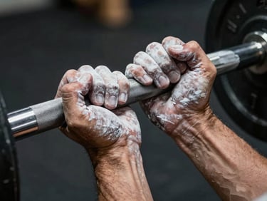 Extreme macro shot of chalk-covered hands gripping a knurled steel barbell, dramatic side-lighting highlighting muscular tension, dark background.