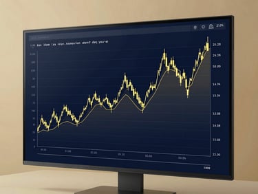 A clean, modern financial chart on a screen, showing long-term macroeconomic growth trends, deep navy blue and gold accents, crisp lines, professional studio setting