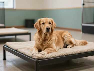 A calm golden retriever resting on a clean raised bed inside a spacious indoor canine suite, soft natural light.