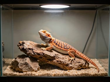 A bearded dragon basking under a warm spotlight on a natural rock setup inside a clean glass terrarium.