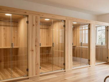 Clean architectural shot of individual dog suites with private glass doors and sound-insulated walls, warm natural light, pristine organization.