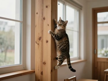 A domestic shorthair cat climbing a tall wooden vertical structure in a quiet, sunlit room with large windows.