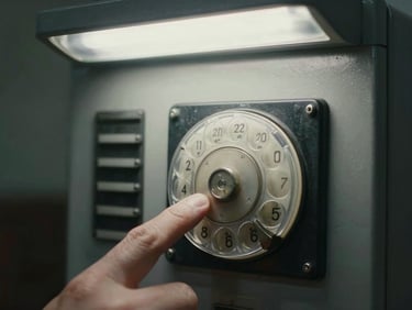 Macro close-up of fingers pressing a physical rotary dial on a retro utility panel, harsh direct fluorescent office lighting, desaturated industrial tones