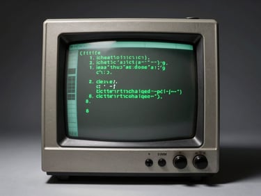 Straight-on technical view of a vintage terminal screen showing clean green lines of code, high-contrast studio flash, sharp shadows, 35mm