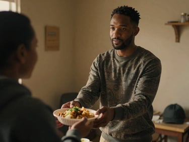 Intimate, eye-level documentary portrait of Marcus Bell, a man in his 30s, handing a hot meal to someone in a shelter, warm interior light, rich muted earth tones.