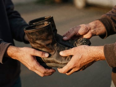 Close-up of hands handing over a pair of new boots to an unhoused individual, focus on the exchange, warm documentary photography style