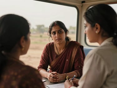 Intimate, eye-level documentary portrait of Dr. Anya Sharma, a woman in her 50s, consulting with a patient in a mobile clinic, soft overcast daylight, dignified framing.