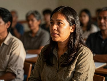 A respectful portrait of a community advocate speaking at a local meeting, natural golden-hour light, shallow depth of field, warm earth tones