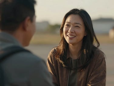 Intimate, eye-level documentary portrait of Sarah Chen, a woman in her 40s, smiling genuinely while speaking with an unhoused individual, natural golden-hour light, shallow depth of field.