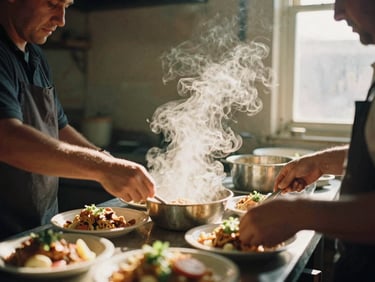 Warm, natural light inside a busy shelter kitchen, hands preparing hot meals, focus on steam rising from food, intimate 35mm film aesthetic