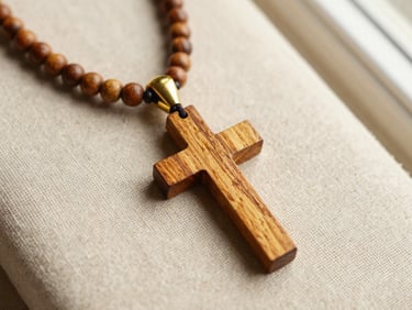 Close-up of a golden sandalwood cross necklace on natural linen, warm side lighting showing golden grain highlights