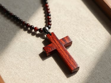 Close-up of a premium red rosewood cross necklace on raw linen, warm dramatic side light