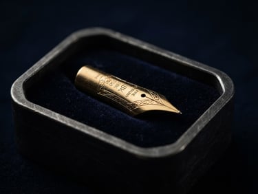 Macro studio shot of a gold pen nib inside a custom metallic shipping container, dramatic side lighting, deep navy background.