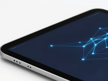Macro shot of a high-end tablet displaying a clean dark-mode data visualization interface, soft blue glowing network lines, bright neutral studio lighting, sharp focus