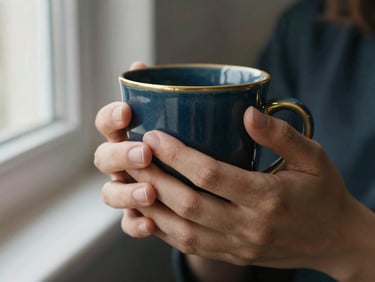 Close-up of hands gently holding a warm ceramic mug, soft natural light, deep petrol and gold tones, shallow depth of field, 35mm.
