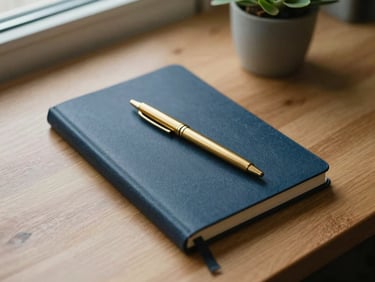 Overhead still life of a notebook with a pen and a small plant on a wooden desk, soft natural light, deep petrol and gold tones.