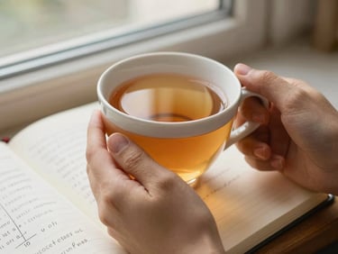 Close-up of hands holding a warm cup of tea, a notebook with scientific notes visible in soft natural window light, deep petrol and gold tones.