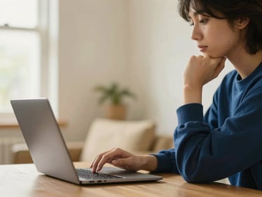 Person looking thoughtfully at a laptop screen in a comfortable, sunlit domestic interior, soft focus background, deep petrol and gold tones.