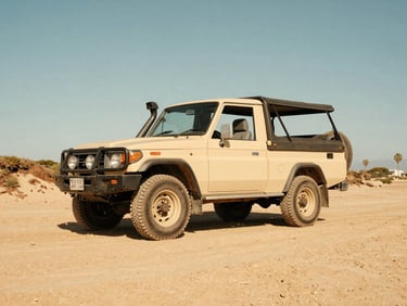 Low-angle shot of a sandy-beige open-top 4x4 parked on a coastal dirt track under bright midday sun