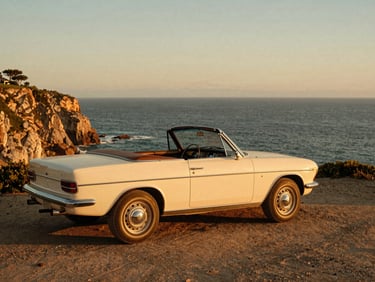 A vintage open-top cruiser parked at a scenic cliffside overlook at golden hour, ocean background