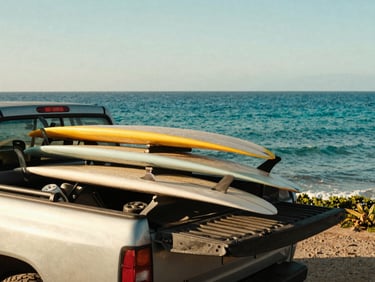 Close-up of a rugged utility vehicle tailgate loaded with surfboards, parked near a turquoise ocean cove