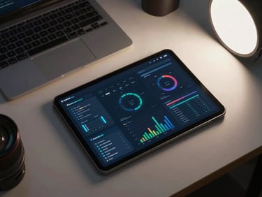Wide overhead shot of a developer's desk with an Android tablet displaying an enterprise data dashboard, complex graph components visible on screen, cool studio strobe lighting, keyboard and trackpad in frame at the edge