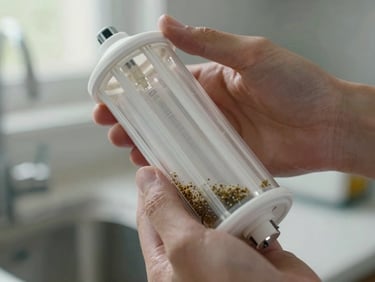 Extreme close-up of a transparent RO filter cartridge held in both hands, sediment visibly accumulated at the bottom third, natural daylit kitchen environment, shallow depth of field, no flash